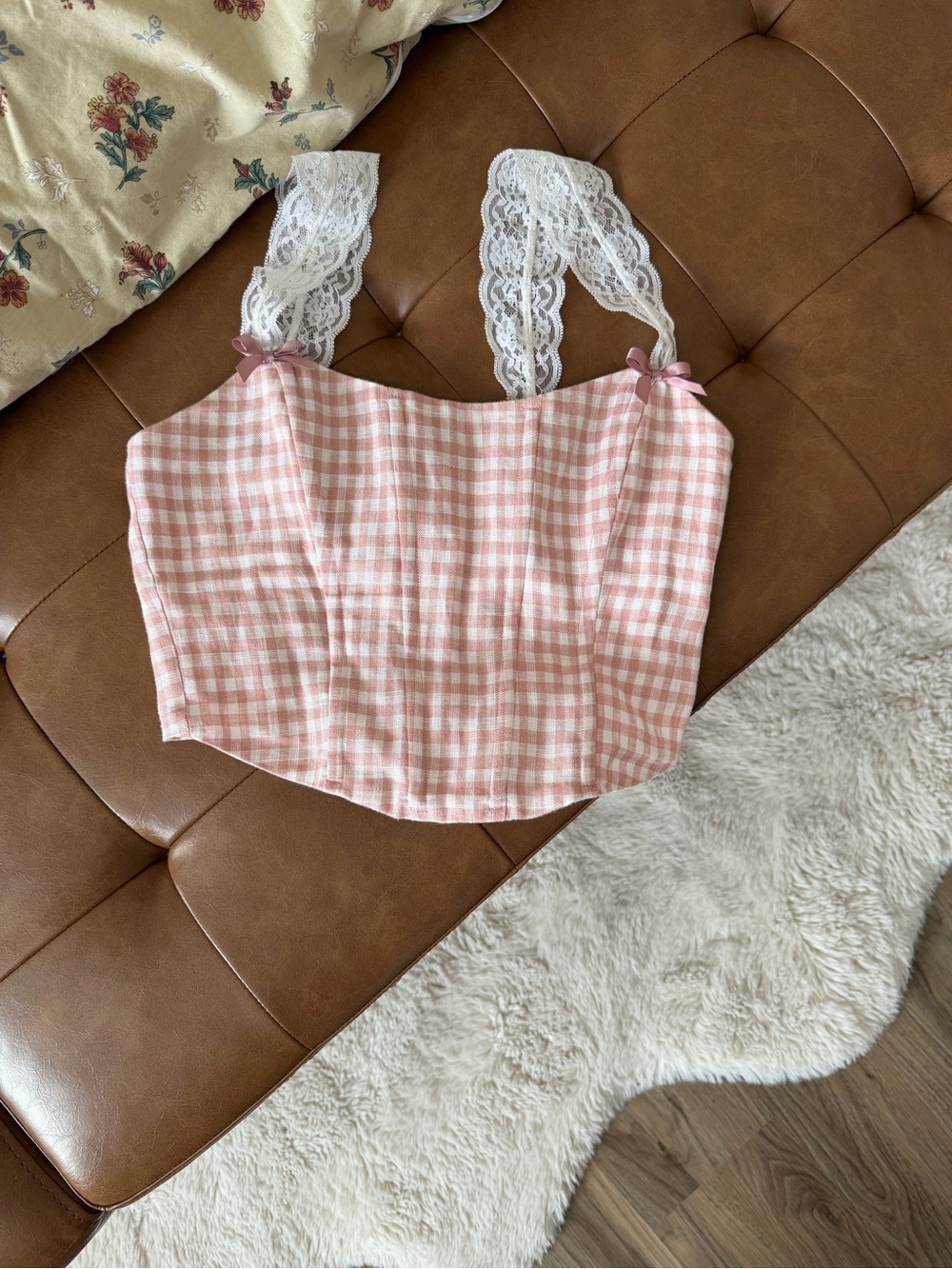 Reformation Pink Gingham Lace-Trim Crop Cami